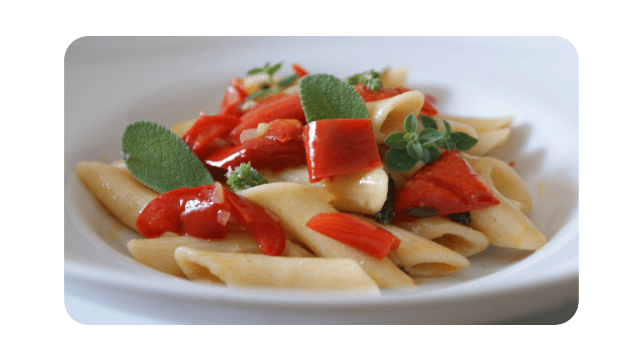 #078 – Penne, poivrons rouges, herbes du jardin