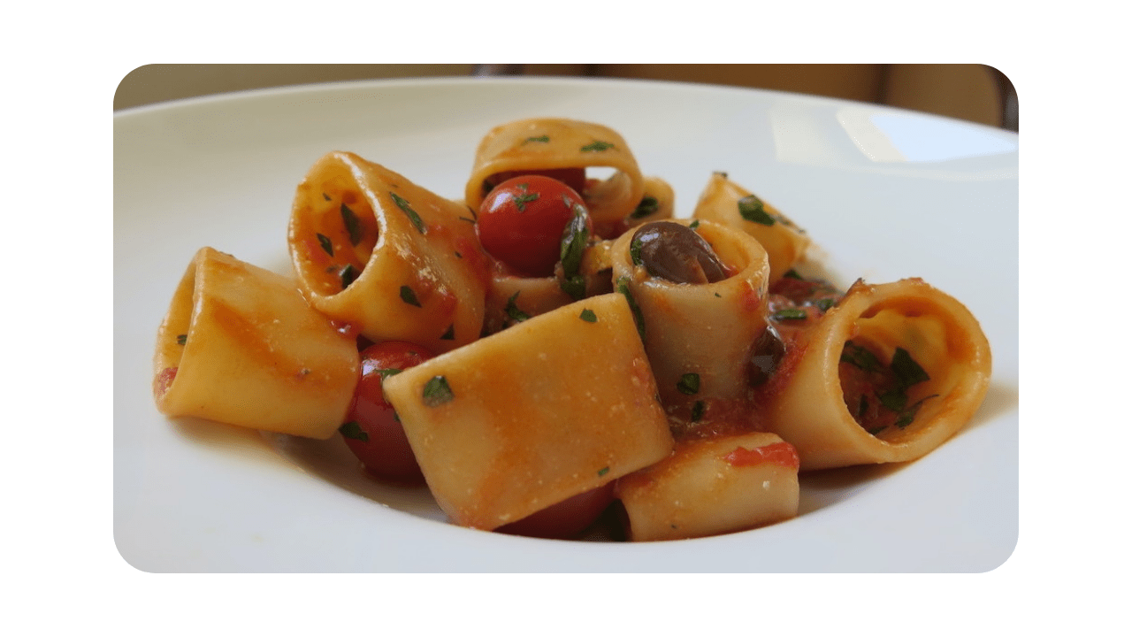 #094 – Calamarata, tomates cerises, basilic & olives