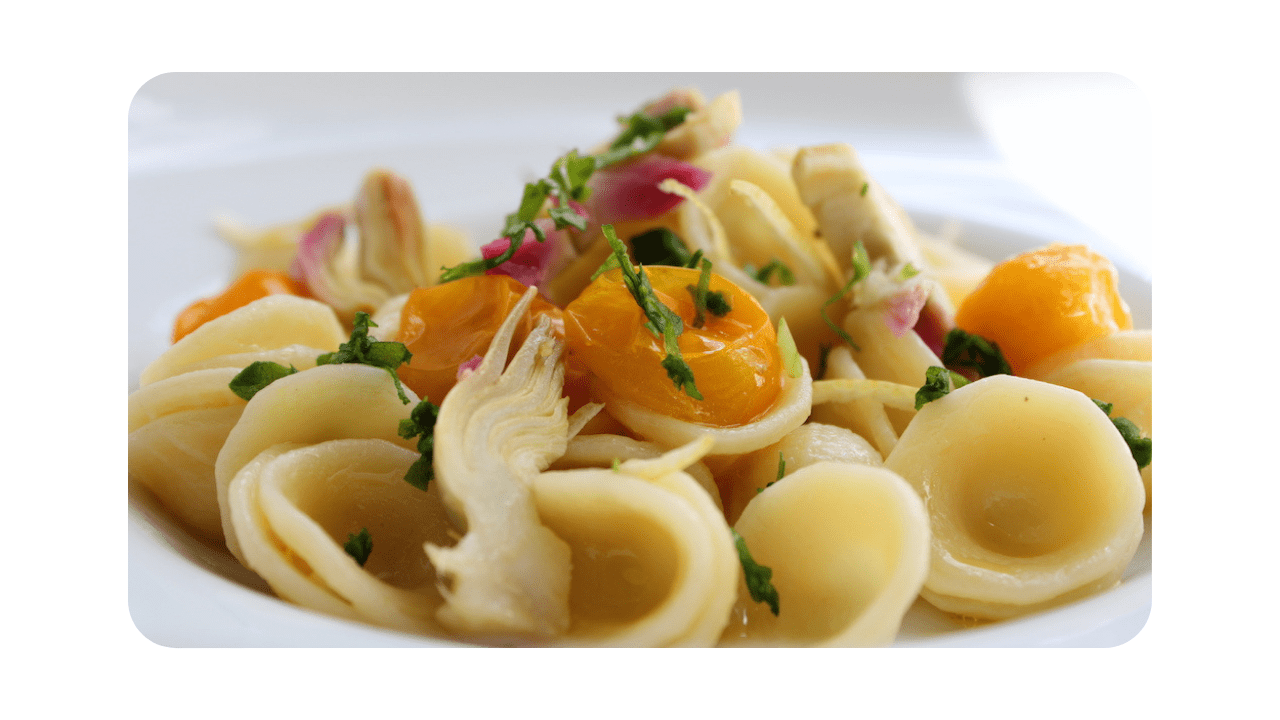 #110 – Orecchiette, tomates jaunes, artichauts, sauce au sésame