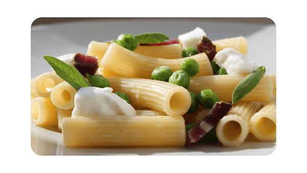 #177 – Tortiglioni, petits pois, mozzarella, coppa, jus à la sauge