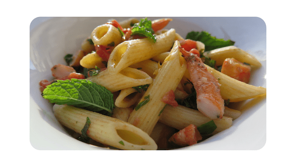 #187 – Penne, crevettes, tomates, menthe, basilic