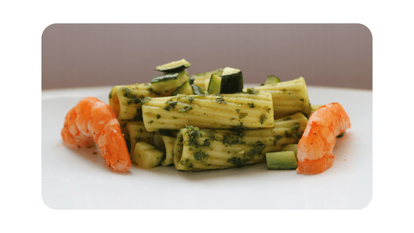#255 – Tortiglioni, crevettes, courgettes, pesto basilic-sarriette